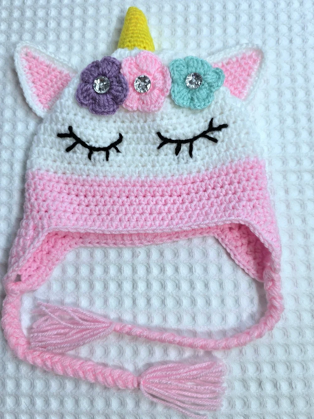 Crocheted Unicorn Earflap Hat in Pink and White 1-3 Years Old